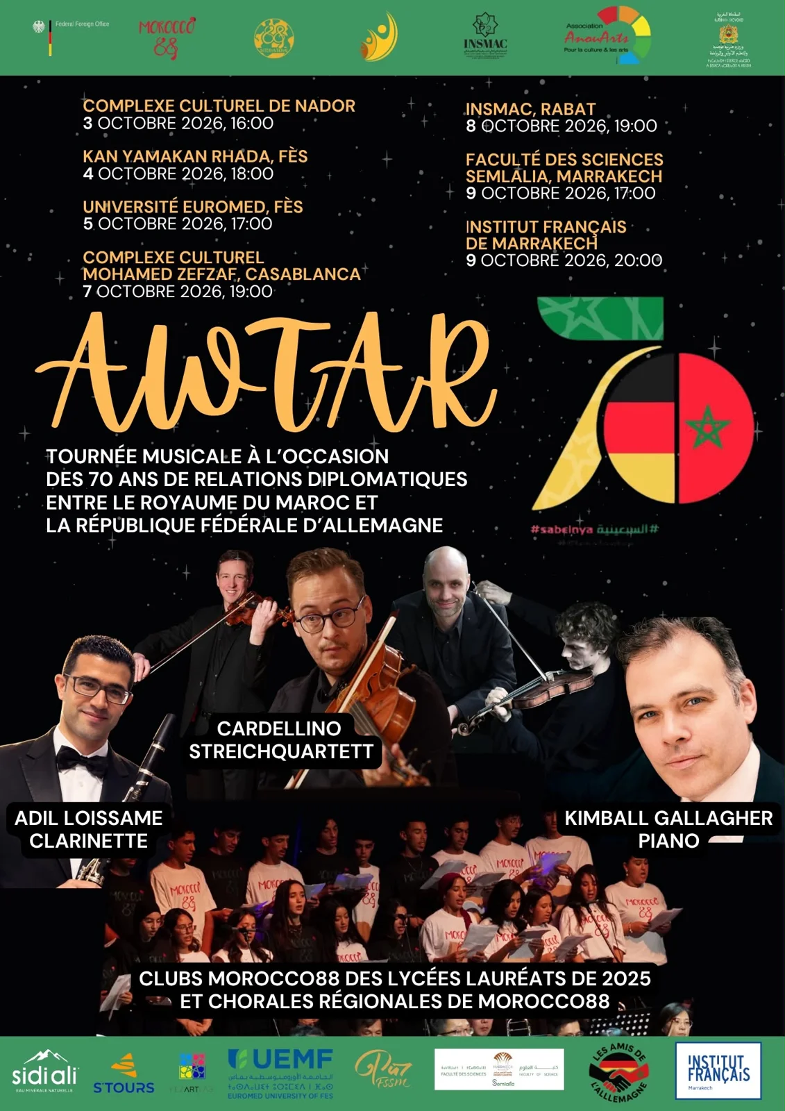 Awtar Tour 2026 poster announcing performers and seven concerts across Nador, Fez, Casablanca, Rabat, and Marrakech
